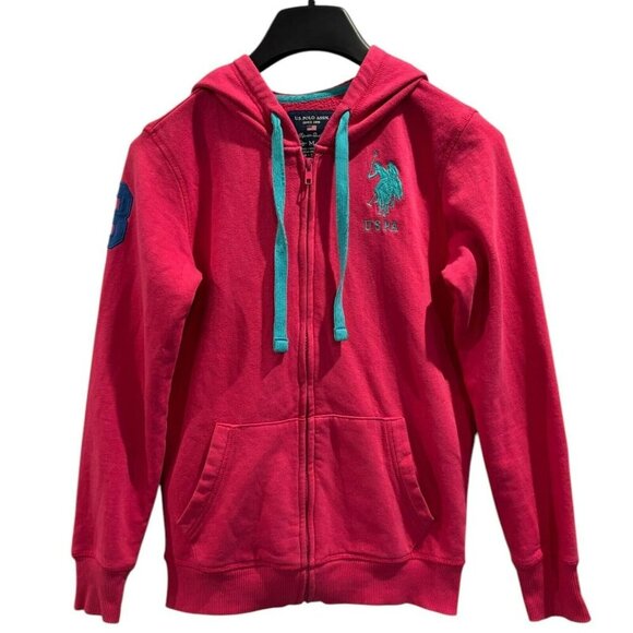 US Polo Assn Pink Zip Hoodie Girls M Teal Logo Full‎ Zip Sweatshirt - Picture 1 of 8